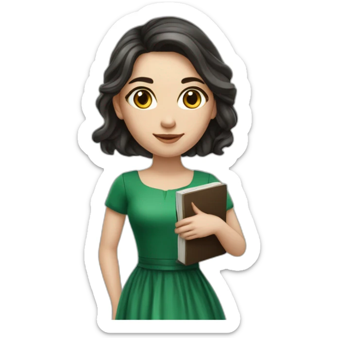 the marketer is a smart beautiful 30-year-old girl with long dark hair in a green formal dress with brown eyes with a book in her hands with a marble skin realistic sticker
