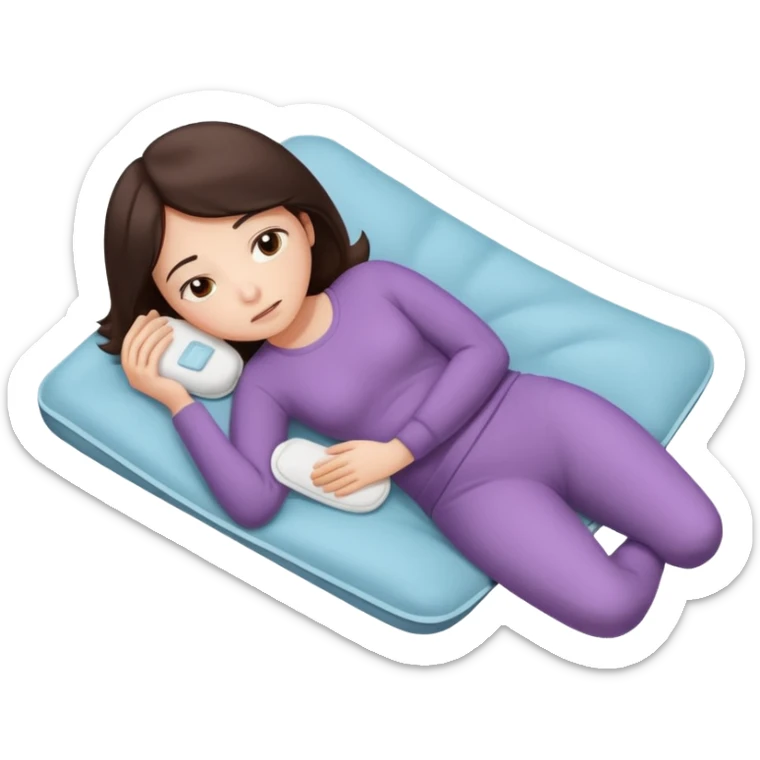  a brunette girl lying down on her side, holding a warm heating pad against her lower belly. She's uncomfortable and sad, her posture should show she’s having menstrual cramps. Use simple lines, rounded shapes, soft colors, and a clean emoji aesthetic. Make it expressive but still adorable sticker