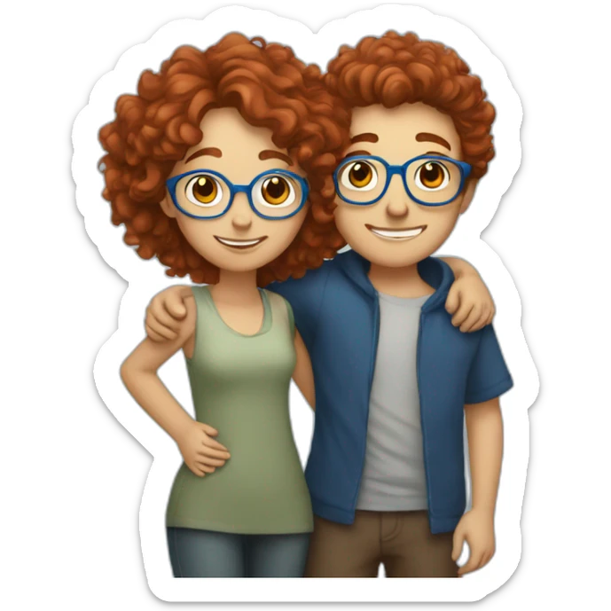boy-with-brown-hair-hugging a girl with curly red hair and blue glasses sticker