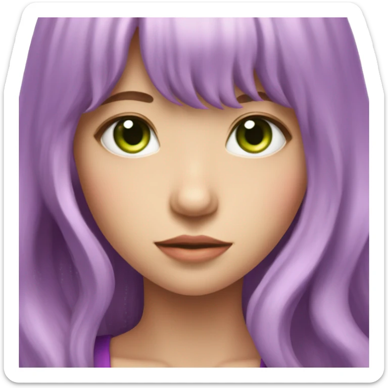 Purple long wavy hair girl with bangs with green eyes and pink dragon horn sticker