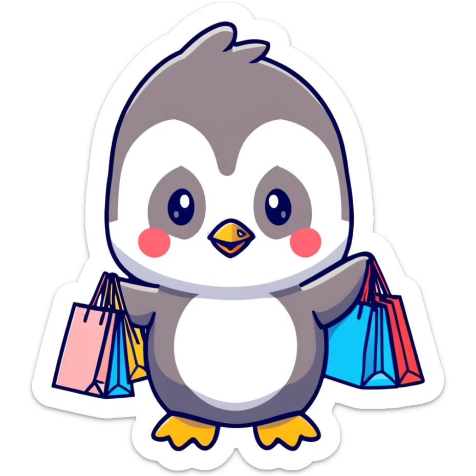kawaii baby penguin at a shopping mall with shopping bags sticker