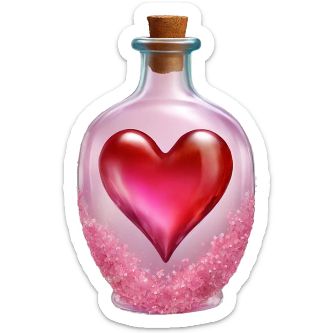 Antique oil heart bottle made of crystal glass of all gentle colors of the red and pink, a living flower fairy sits at the bottom of the bottle sticker