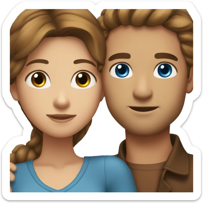 couple hugging each other. The man has short brown hair and blue eyes. The woman has long brown hair and blue eyes sticker