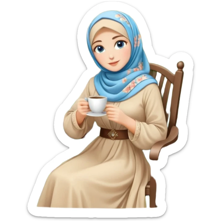 Turkish beautiful finish Konya girls blue eyes with Beautiful beige floral hijab long tail dress and the two friends in a lovely garden sits on the chair on the ground and holds cup coffe with her hand  sticker