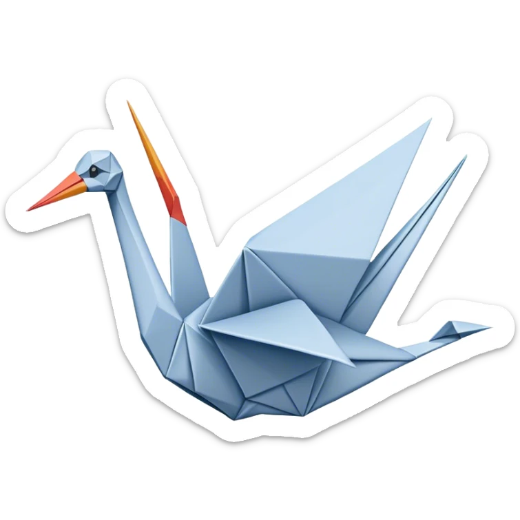 Cinematic Realistic Origami Crane Emoji, featuring a beautifully folded paper crane with crisp, delicate edges and intricate creases. The elegant structure casts soft shadows under warm, natural lighting, with a subtle texture of fine paper enhancing its serene and symbolic presence. sticker