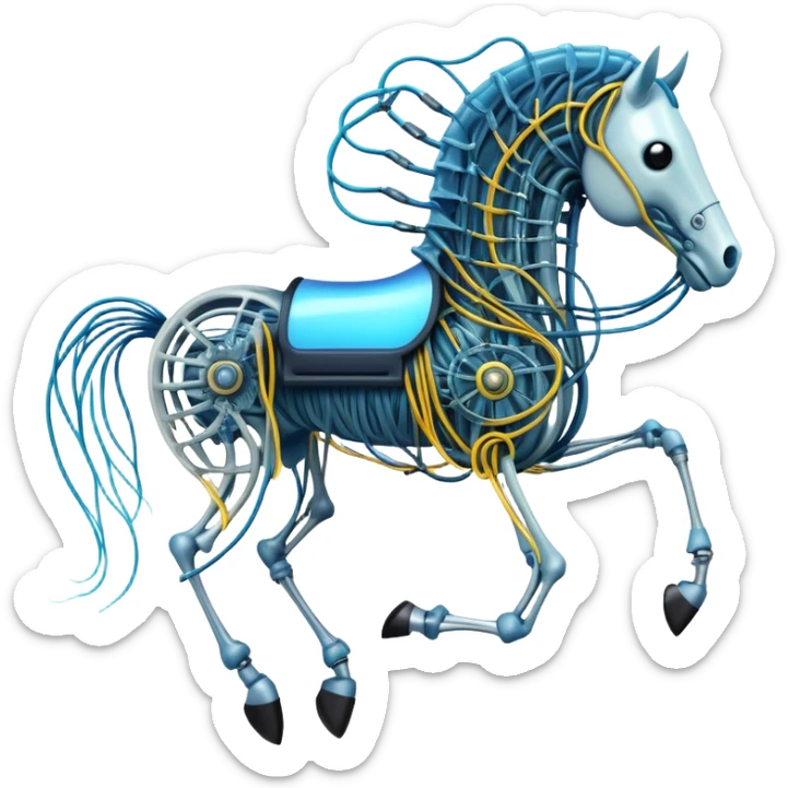 A high-tech horse made of electric wires and cables with rubber scales that reveal its electric skeleton, possessing both jellyfish-like tendrils and the ability to generate electrical pulses that illuminate the ocean depths. sticker