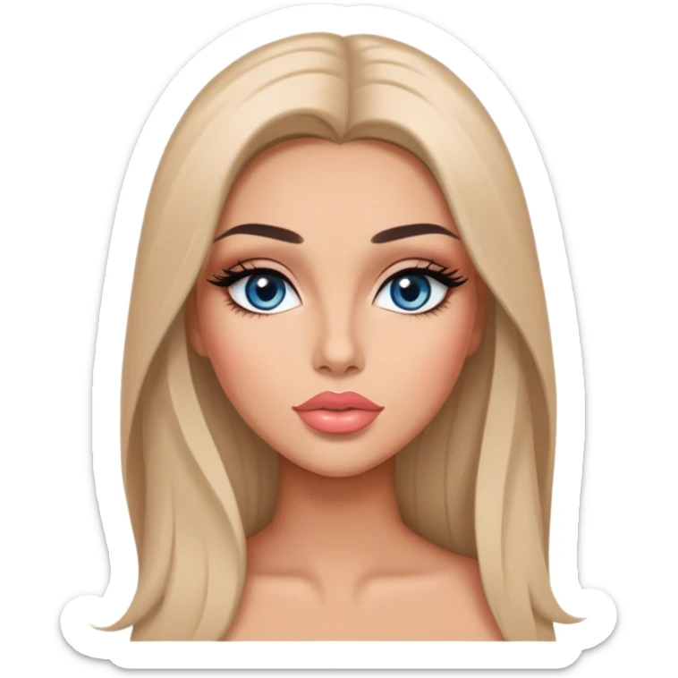 Glamours, tanned, very beautiful girl, with big pump peach-beige-rose lips, long long lashes, black straight smooth silky long hair, straight parting hair, blue-grey eyes sticker