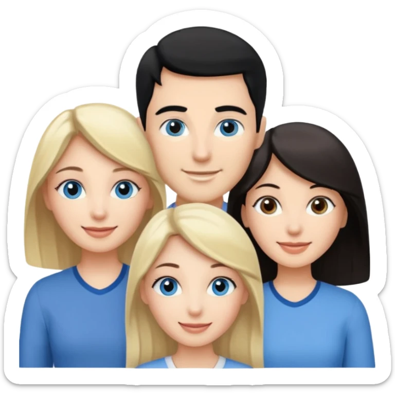 Blond woman with blue eyes on left. And a Man with black hair and grey eyecolor in the middle. And a blank woman with brown hair and grey eyes on the right. Happy together sticker