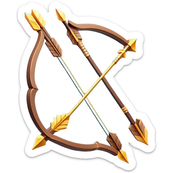 Clash of Clans aesthetic: Cinematic Playful 3D Isometric Bow & Arrows Emoji, rendered in a 3D vector-style similar to standard emojis with minimal shading and bold, simplified shapes. A compact, distinct form with signature details, softly glowing with a fantasy RPG magic charm. Simplified yet unmistakably iconic, highly detailed and consistent, glowing with a soft radiance and high shine. Stylized with a touch of heroic grandeur and a soft glowing outline, capturing the essence of a beloved gaming relic with a friendly, playful manner! sticker
