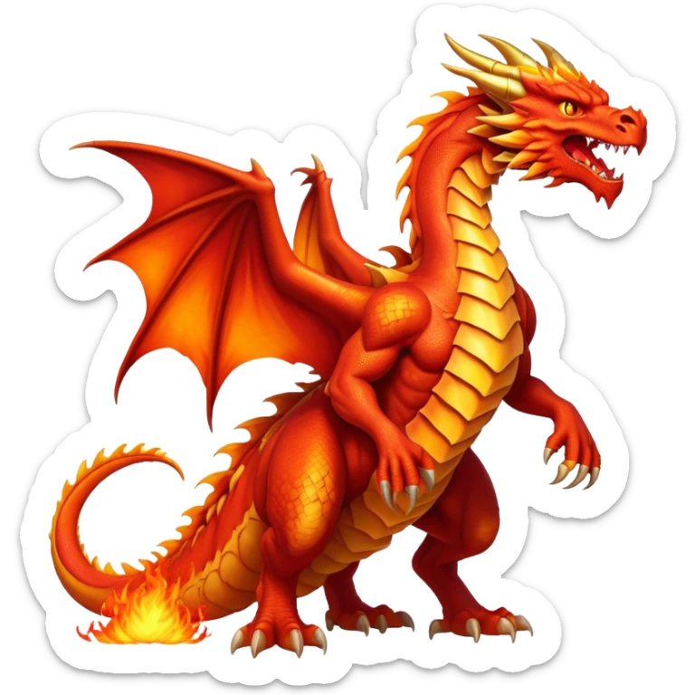 cinematic-noble-fierce-fire-dragon-full body-emoji,-poised-and-imposing,-with-a-muscular,-scaled-body-ablaze-in-fiery-hues-of-crimson,-molten-orange,-and-molten-gold,-and-intense,-burning-eyes-that-mirror-the-heart-of-a-volcano;-rendered in detail, displaying hi sticker