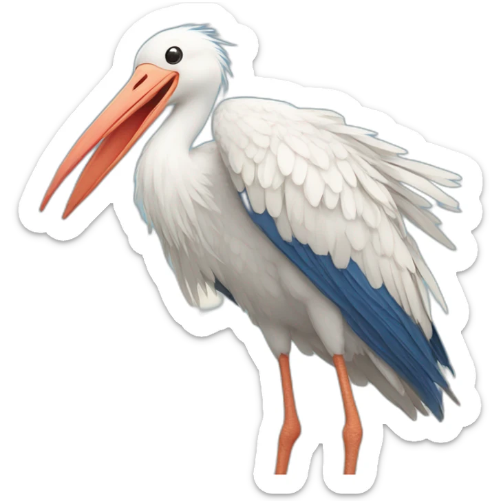  white stork with long legs and a long beak flying in the sky and carrying a blue bundle of cloth in its beak that has a cute baby face peeking out from it sticker