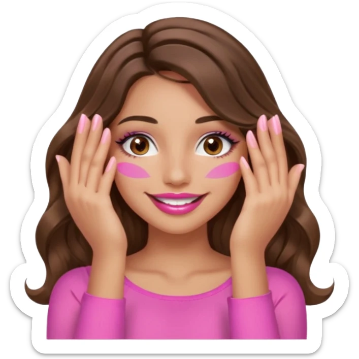 girl with long wavy brown hair, brown eyes, long lashes, sexy pink lips, light to medium complexion, wearing a pink sexy top, smiling, hands covering over the eyes sticker