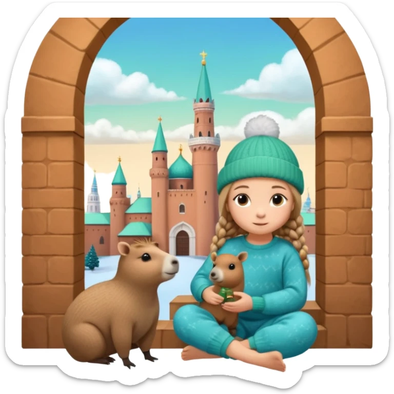 A cute 11-year-old girl with light brown braids in front, wearing emerald green cozy sweater and blue pajama pants, sitting with a fluffy capybara wearing a tiny knitted hat, warm pastel illustration style, soft lighting, Moscow Kremlin spire visible through window in background, 3D render sticker