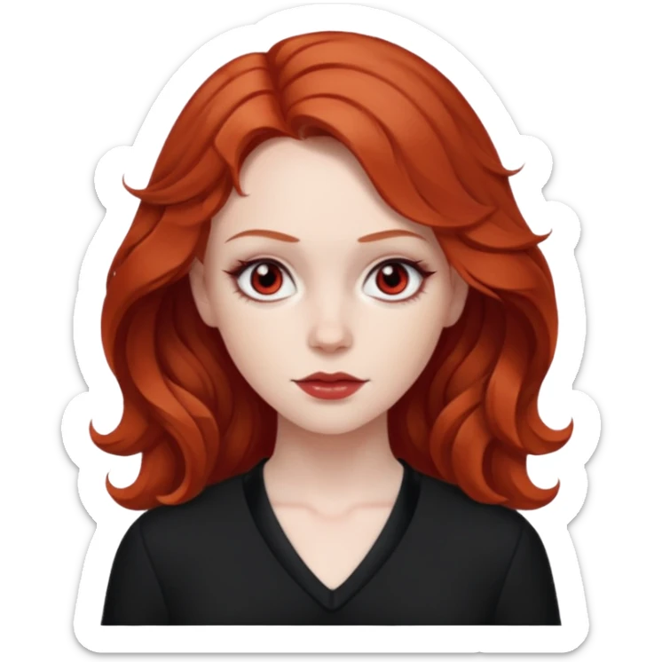 Sarah Blane from Summer of Fear with medium red wavy hair, white and red eyes, black outfit sticker