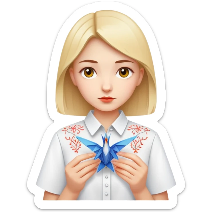 Ukrainian young girl in a white embroidered shirt holds an origami crane sticker
