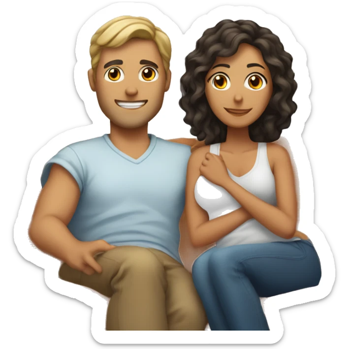 A tanned man with short curly hair and a tanned woman with long straight hair cuddling in a couch with a blanket sticker