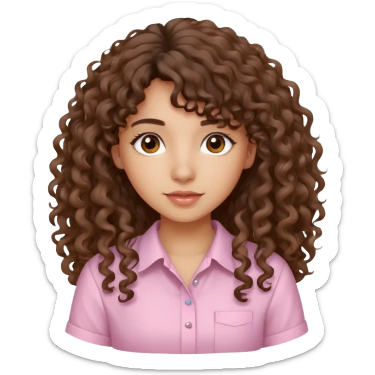 A Latina girl with brown eyes and long loose curly hair with curly bangs with a light pink shirt sticker
