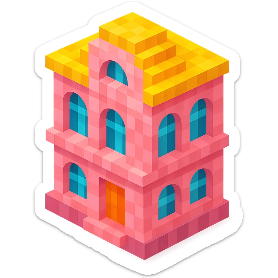 old Saint Petersburg building, pink pastel facade, arched windows, isometric view sticker