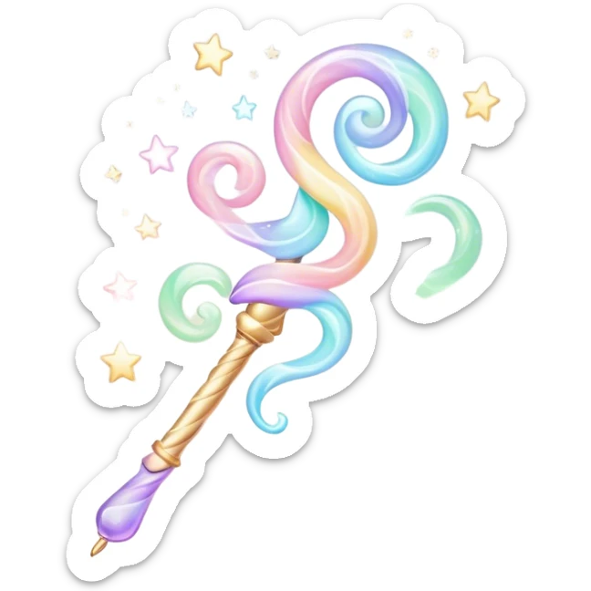Cinematic cute magical wand, pastel swirls of color, tiny twinkling stars floating around, glowing softly, chubby rounded edges, whimsical and dreamy. sticker