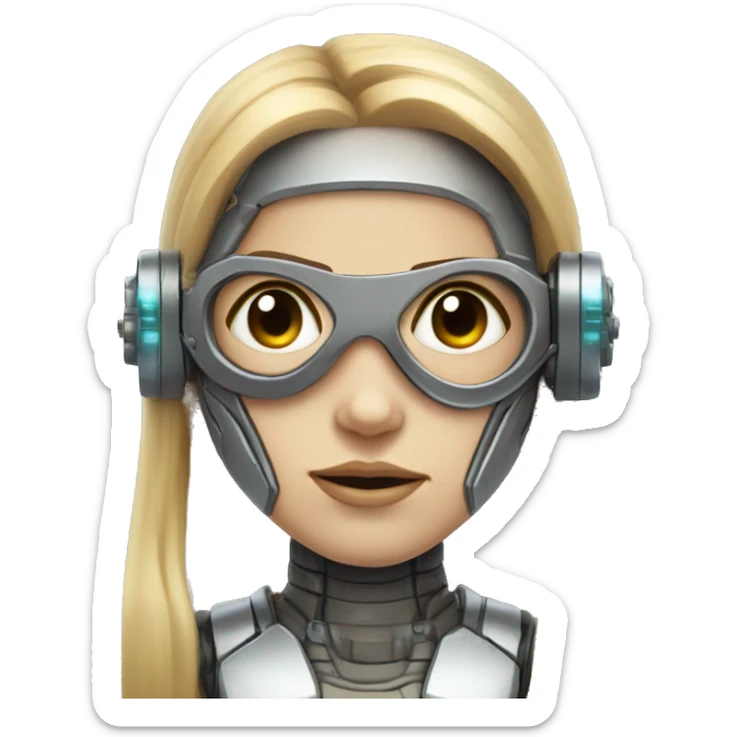 female cyborg head, fair skin, Brown long hair with blonde steaks, space age goggles and circuits sticker