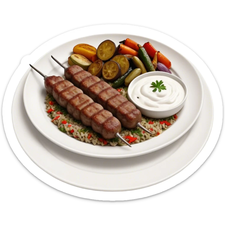 Cinematic Realistic image of a long, hand shaped Turkish Köfte, rendered with richly spiced meat textures and subtle grill marks, artfully arranged on a traditional Turkish ceramic plate alongside classic sides such as a serving of aromatic pilaf, crisp grilled vegetables, and a dollop of creamy yogurt, all bathed in warm, appetizing lighting that emphasizes its savory allure. sticker