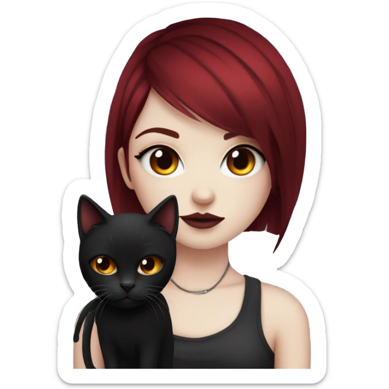 Pale girl with black eyeshadow and burgundy red colored hair with an emo haircut that’s long and layered holding a black cat sticker