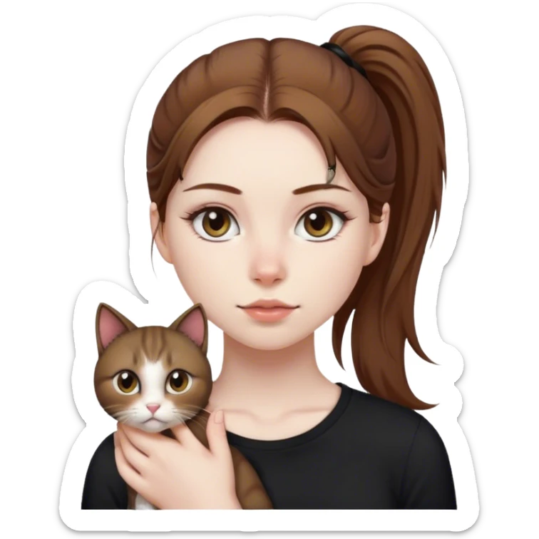 Girl with pale skin Brown hair pony tail and Black shirt with long eyelashes with cat  sticker