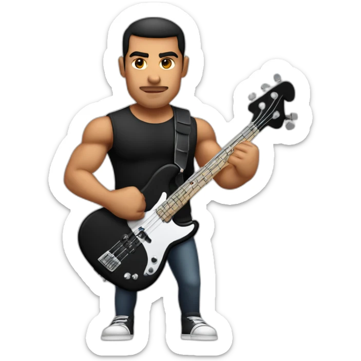 muscular latin man, serious, square head, wearing black shirt, playing electric bass sticker