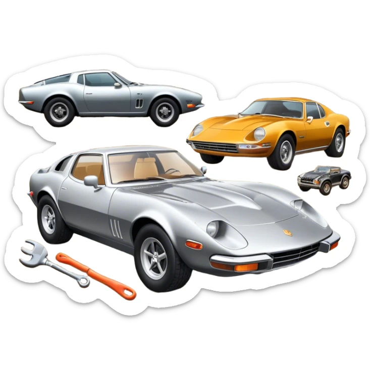 Collage emoji symbolizing a passion for cars: a sleek sports car, a vintage classic car, and an off-road SUV. The background features a cozy garage with tools, car posters, and warm lighting, emphasizing a home hobby atmosphere. Transparent background. sticker