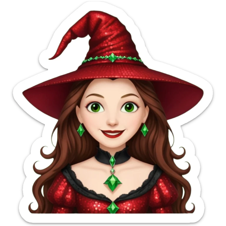 Nessarose, Wicked Witch of the East from The Wizard of Oz with long brown hair, red sequin outfit sticker