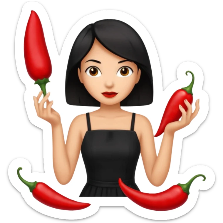 black short shoulder length hair tanned woman, black dress cooking, holding chili pepper sticker