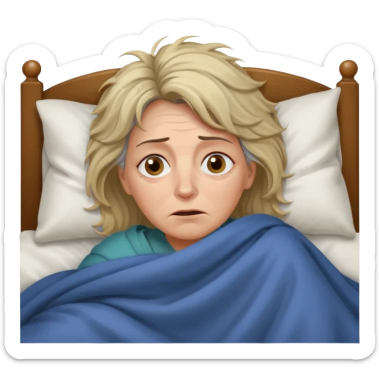 A 55-year-old woman lying in bed at night, unable to sleep. She looks exhausted and desperate, with visible dark circles under her eyes, tired facial expression, slightly messy hair. She is under the blankets, staring at the ceiling.  sticker