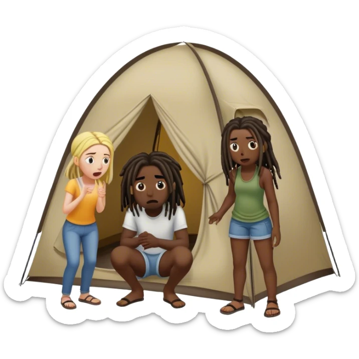 dark skinned black man with dreads standing outside of a tent, scaring two white girls who are sitting inside of the tent sticker