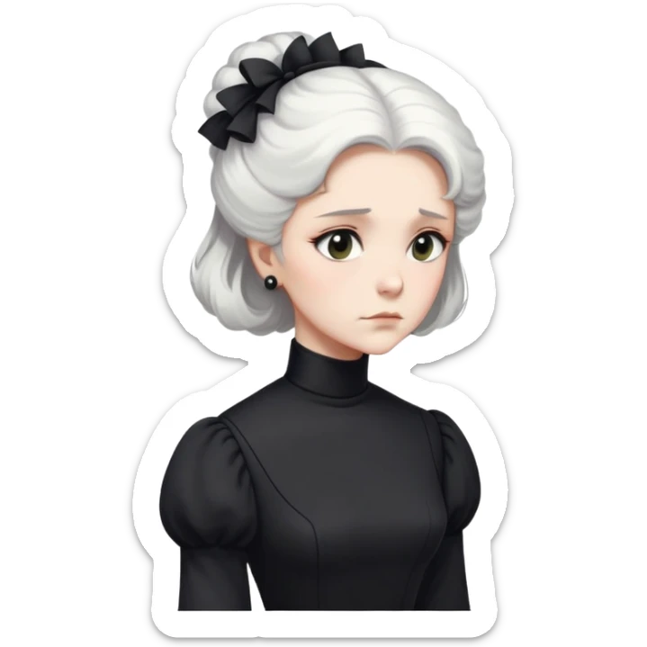 A Victorian woman with simple yet elegant coiffed white hair and light eyes wearing a modest unadorned monochrome black turtleneck mourning dress with puff sleeves looking down with a forlorn expression sticker