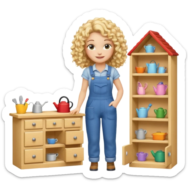 smiling blonde curly woman arranging furniture in doll house with overalls sticker