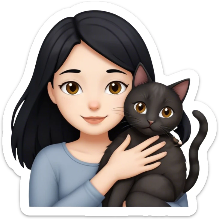 happy girl with black hair hugging three cats  (black cat, gray cat, brown calico cat) sticker
