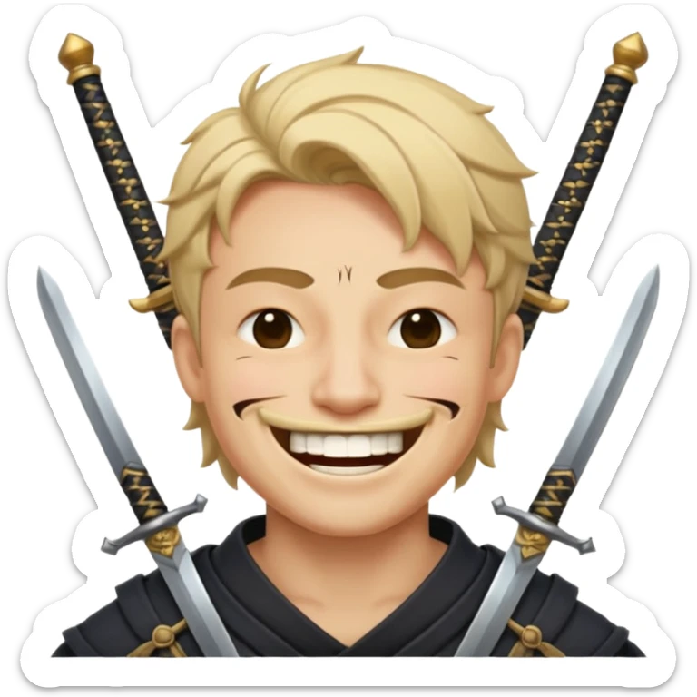 Haz que tenga una sonrisa epica una cicatriz en el ojo serrado y una espada entre los dientes y dos más a cada lado sticker