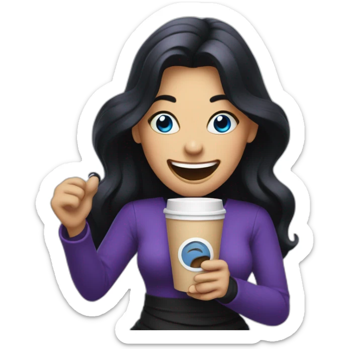 A crazy lady with blue eyes and long black hair and all black and purple dressed is laughing while holding a coffee sticker