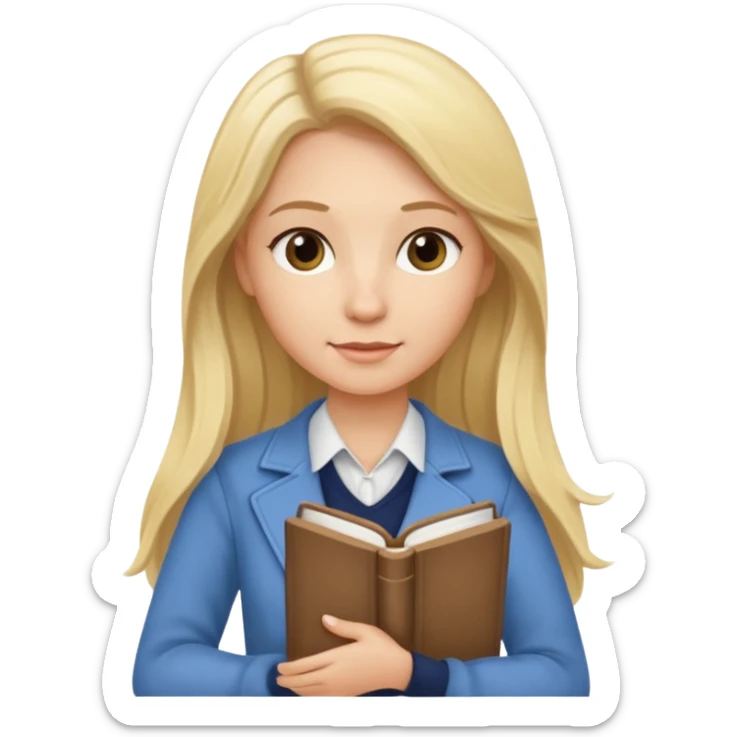 fun blonde history teacher, long blonde hair, casual outfit, holding a book sticker