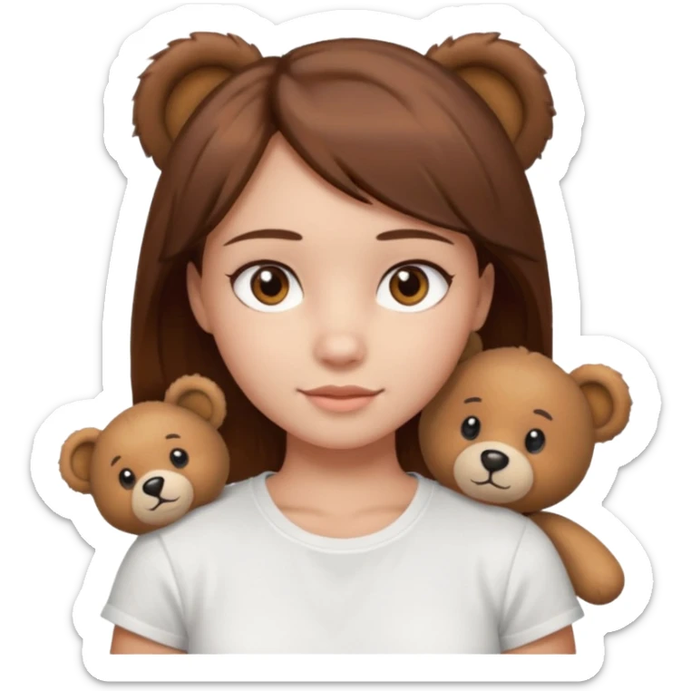A Girl with Brown hair and Brown eyes with a t-shirt of a Teddy bear sticker