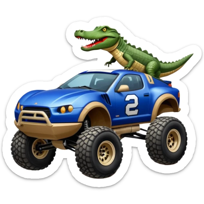 Dirty Joke’s Midnight-blue Local Motors Rally Fighter off road race car being driven by a five foot tall alligator over a dirt ramp  sticker