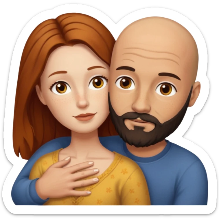 Couple. Bald man with dark brown-black beard. White woman with many small, faded freckles, she has white skin and she has auburn-yellow-brown-cinnamon, dark long hair. She has light brown eyes. The man have hazel eyes. Retro style. They hug. sticker