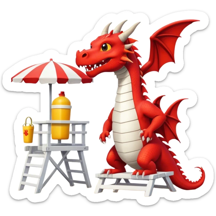 dragon in a white lifeguard t-shirts in a lifeguard stand in the summer on the beach and in a lifeguard stand sticker