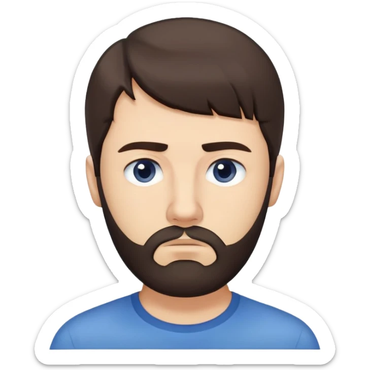 Caucasian man with straight dark brown hair styled loose with fringe, short full beard, neutral serious expression, simple blue shirt sticker