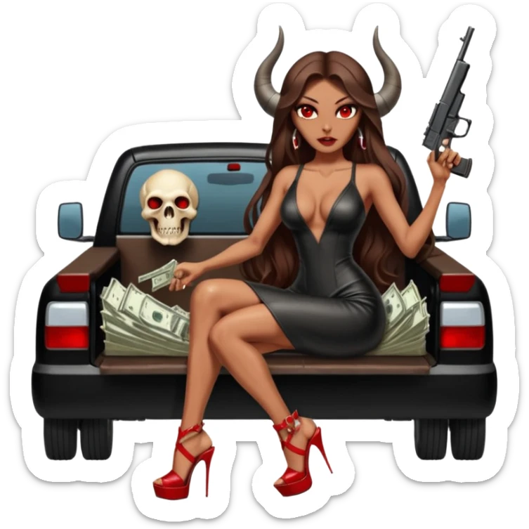 Lilith symbol red eye seductress evil long brown haired sexy succubus woman with leather long dress with slit on, sitting in Big Large F350 pickup truck. Platform long high heels on feet. Back seat full of stacks of cash, she is  Holding a man dead human skull of her enemies and a gun in other hand sticker