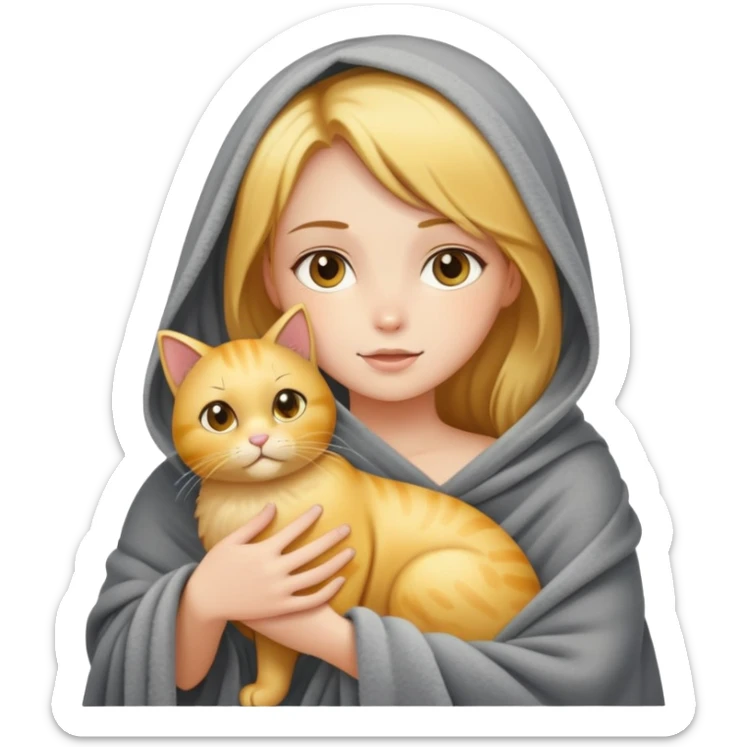 A beautiful girl with fair skin who just took a shower, wrapped in a gray blanket and holding a golden cat sticker
