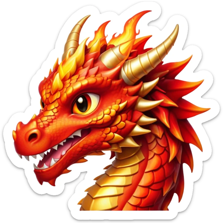 Cinematic Cute Fierce Fire Dragon Portrait Emoji, Head tilted playfully and inquisitively, showcasing a robust, flame-embellished form with intricately detailed scales in vibrant reds and glistening golds, accented by flickering ember highlights and a warm, inviting glow; rendered with lifelike detail and radiant natural light, high shine, spirited yet endearing, styled with a touch of blazing whimsy, soft glowing outline, capturing the essence of a mischievous yet charming inferno that seems ready to dance with playful fire! sticker