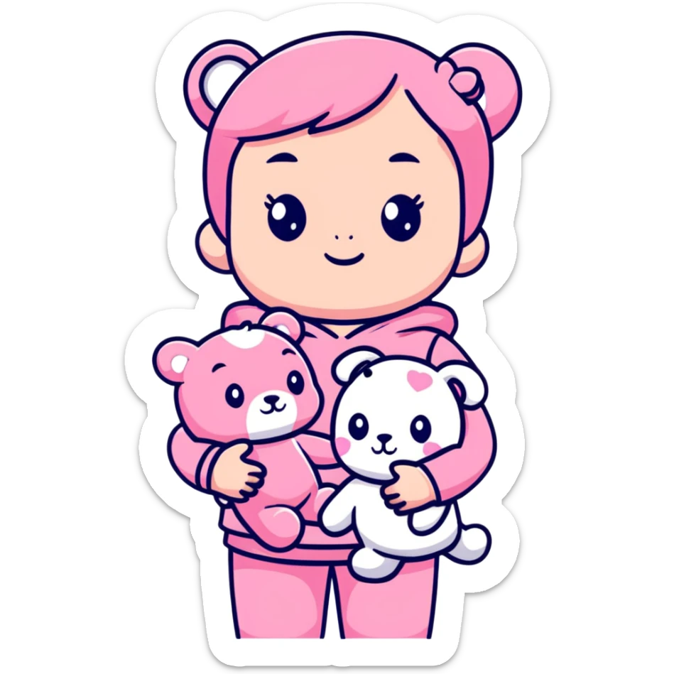 cute toddler girl with pastel pink clothes holding a pink teddy bear sticker