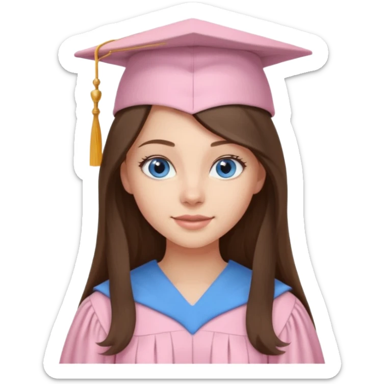 young brunette girl long hair, blue eyes and light pink gown and cap university graduate sticker
