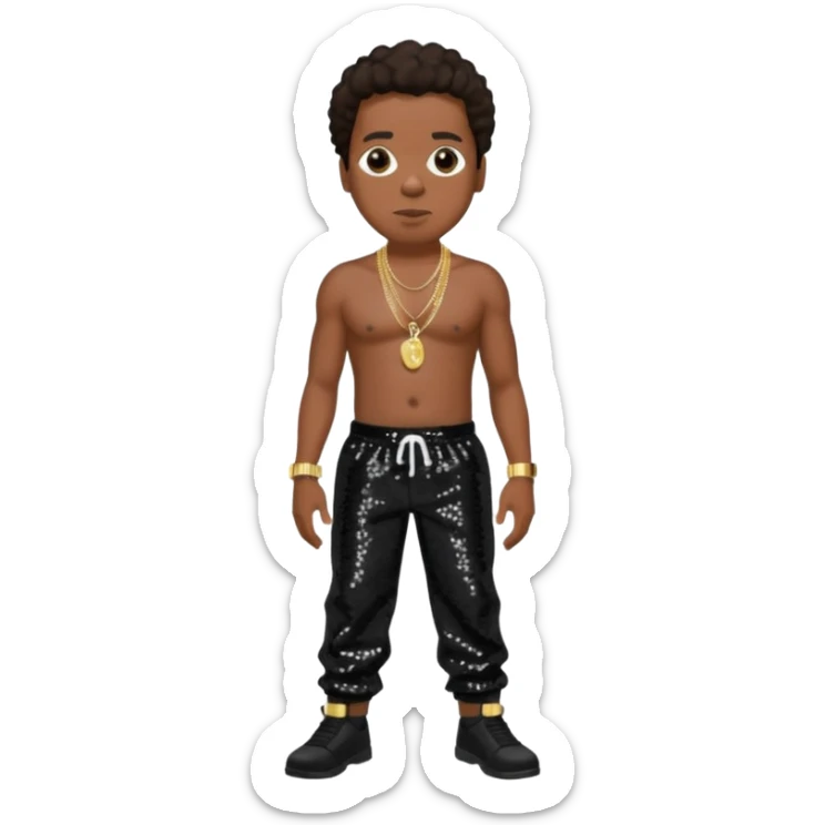 Jay-Z with dark brown hair, black sequin baggy pants, shirtless with necklace sticker